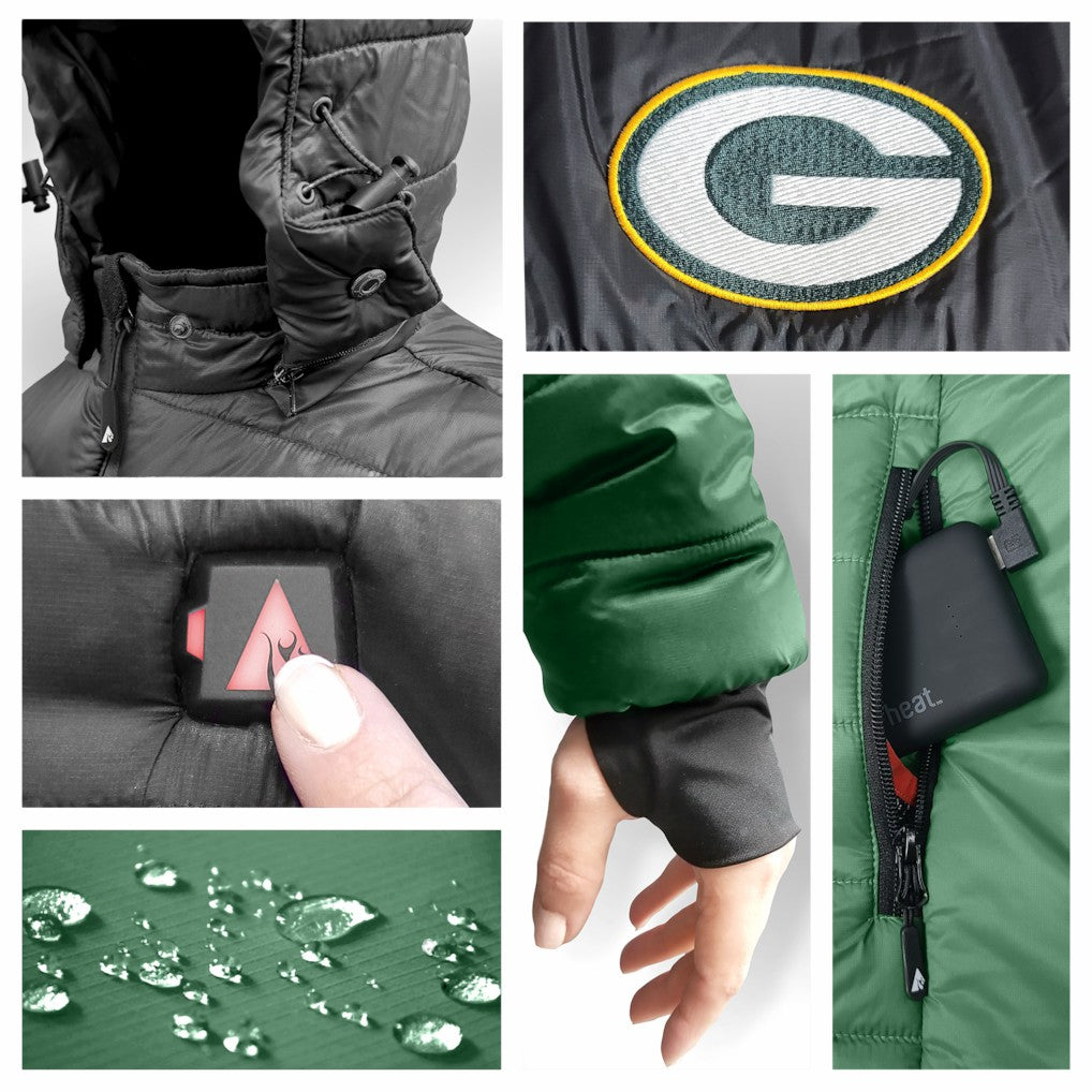Green Bay Packers ActionHeat Women's 5V Battery Heated Insulated Puffer Full-Zip Jacket - Green/Black Jackets