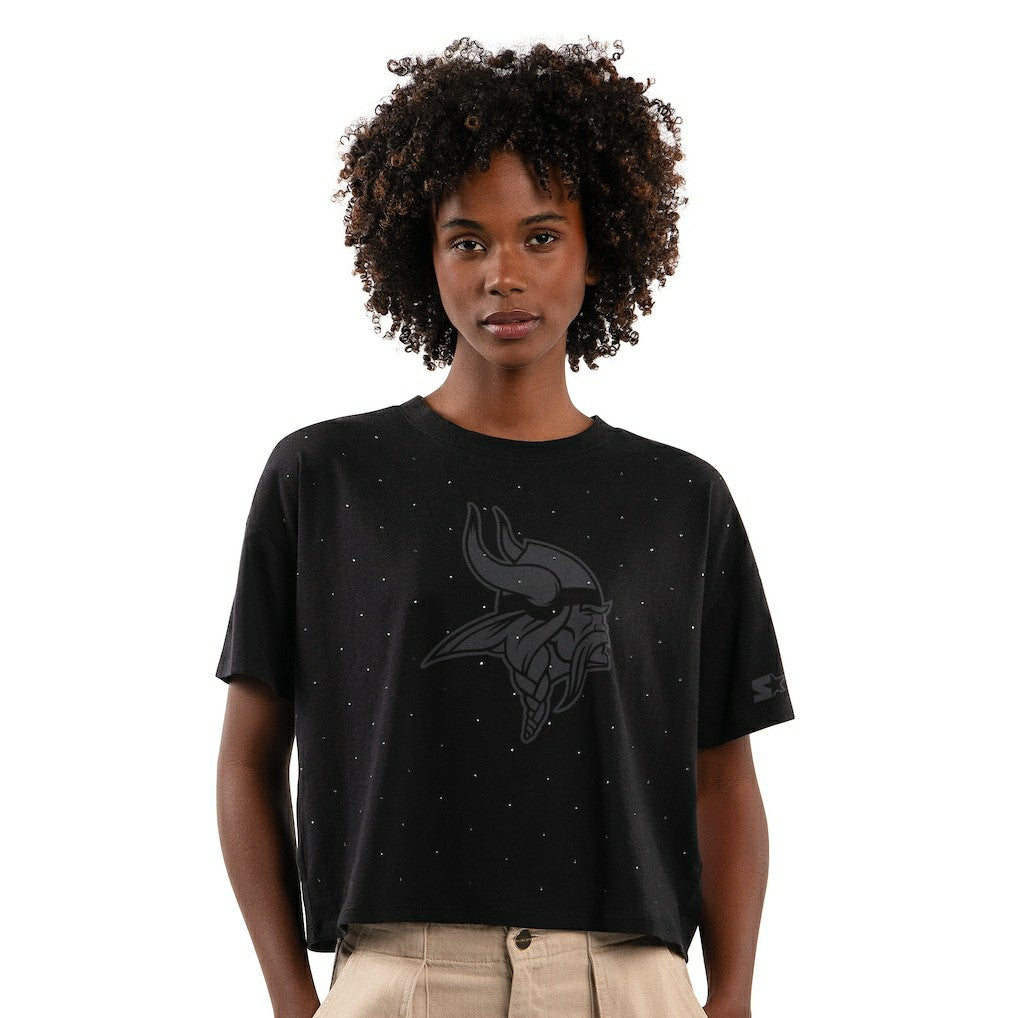 Minnesota Vikings Starter Women's Rhinestone Sprinkle Boxy Cropped T-Shirt - Black T-shirts