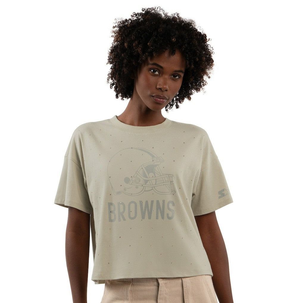 Cleveland Browns Starter Women's Rhinestone Sprinkle Boxy Cropped T-Shirt - Khaki T-shirts