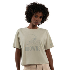 Cleveland Browns Starter Women's Rhinestone Sprinkle Boxy Cropped T-Shirt - Khaki T-shirts