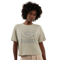 Green Bay Packers Starter Women's Rhinestone Sprinkle Boxy Cropped T-Shirt - Khaki T-shirts