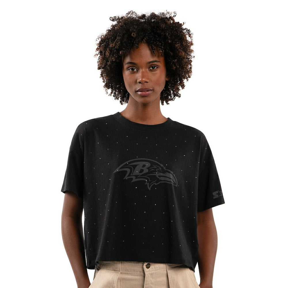 Baltimore Ravens Starter Women's Rhinestone Sprinkle Boxy Cropped T-Shirt - Black T-shirts