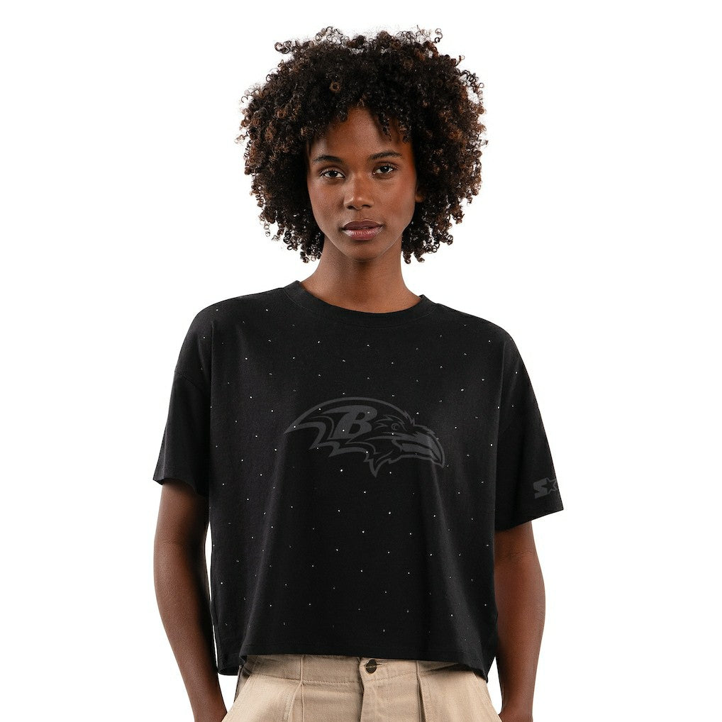 Baltimore Ravens Starter Women's Rhinestone Sprinkle Boxy Cropped T-Shirt - Black T-shirts