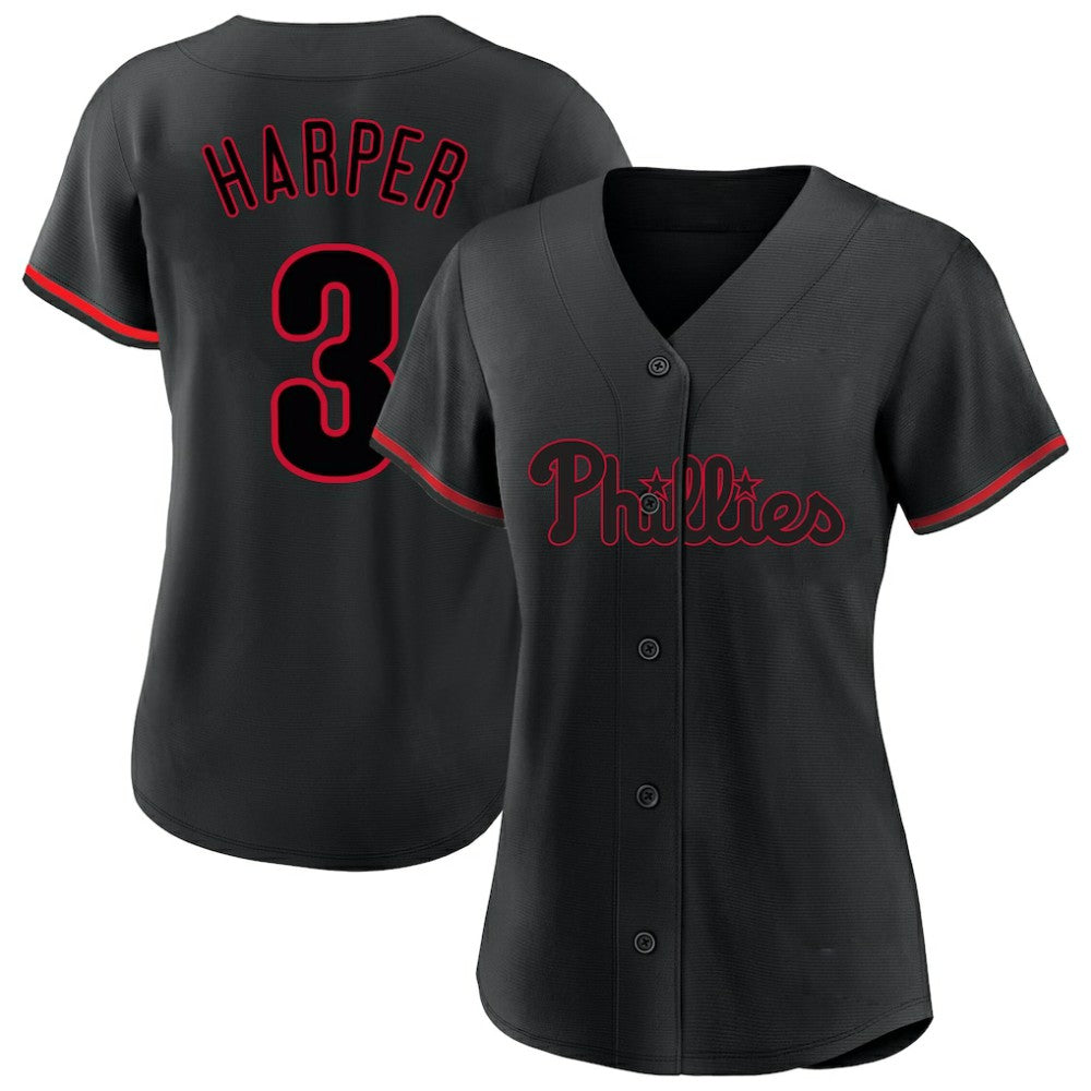 Bryce Harper Philadelphia Phillies Profile Women's Plus Size Player Name & Number Fashion Jersey - Black Jerseys