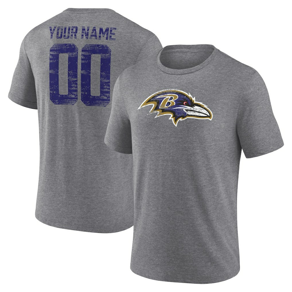 Baltimore Ravens Heritage Custom Name & Number Tri-Blend T-Shirt - Gray T-shirts