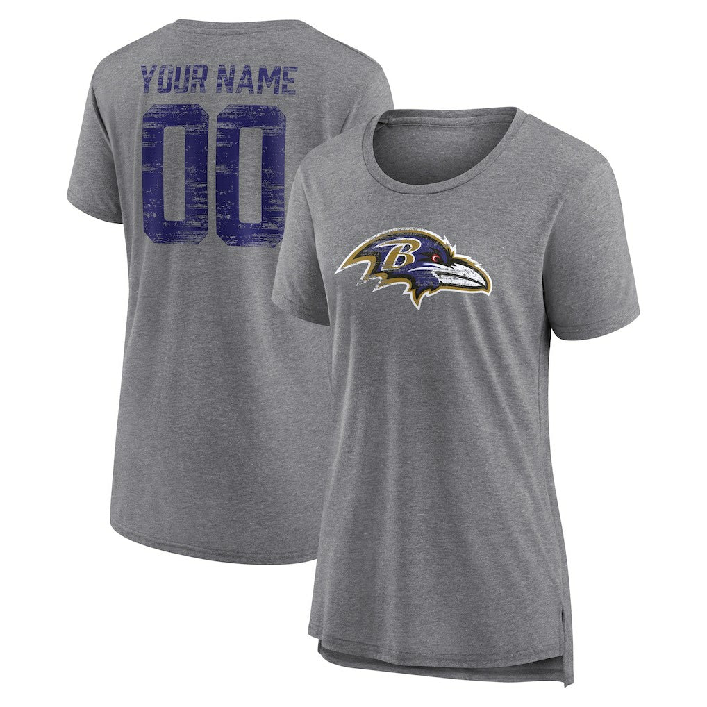 Baltimore Ravens Women's Heritage Custom Name & Number Tri-Blend T-Shirt - Gray T-shirts