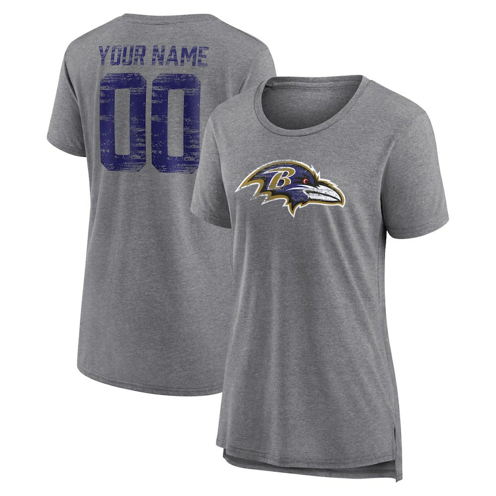 Baltimore Ravens Women's Heritage Custom Name & Number Tri-Blend T-Shirt - Gray T-shirts