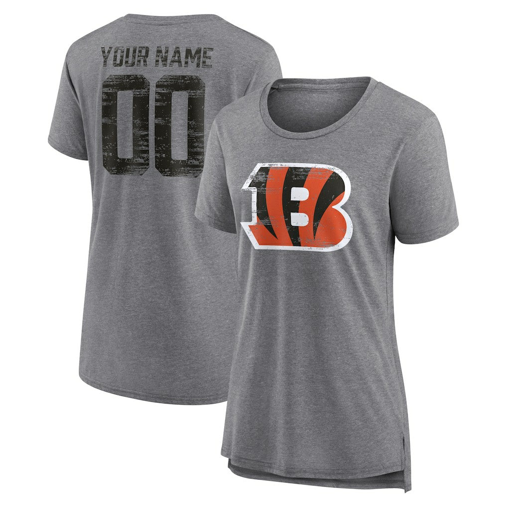 Cincinnati Bengals Women's Heritage Custom Name & Number Tri-Blend T-Shirt - Gray T-shirts