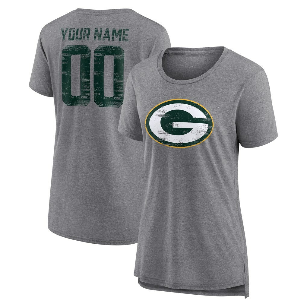 Green Bay Packers Women's Heritage Custom Name & Number Tri-Blend T-Shirt - Gray T-shirts