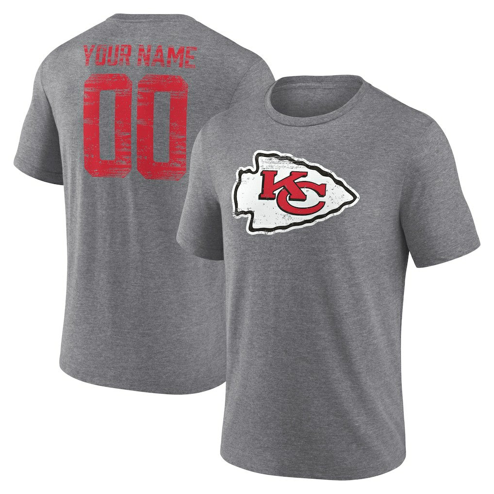 Kansas City Chiefs Heritage Custom Name & Number Tri-Blend T-Shirt - Gray T-shirts