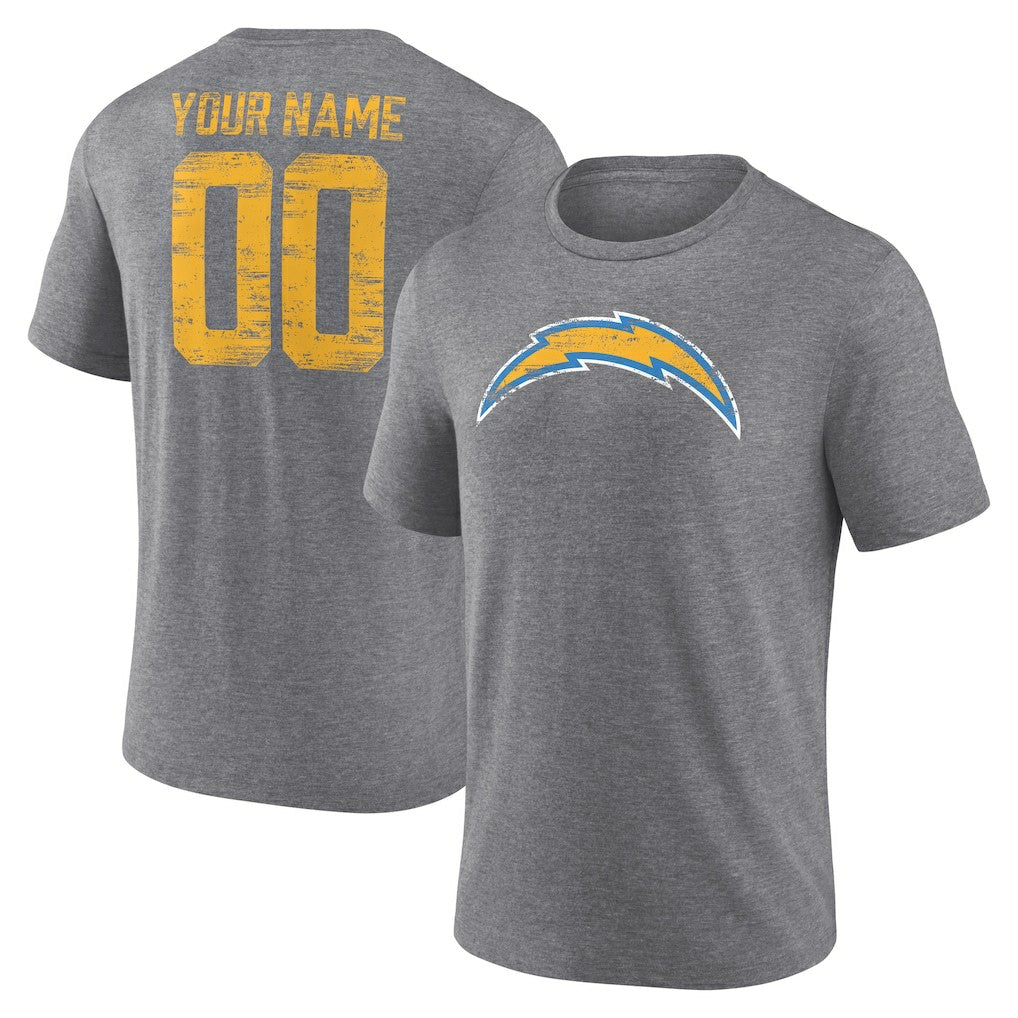 Los Angeles Chargers Heritage Custom Name & Number Tri-Blend T-Shirt - Gray T-shirts