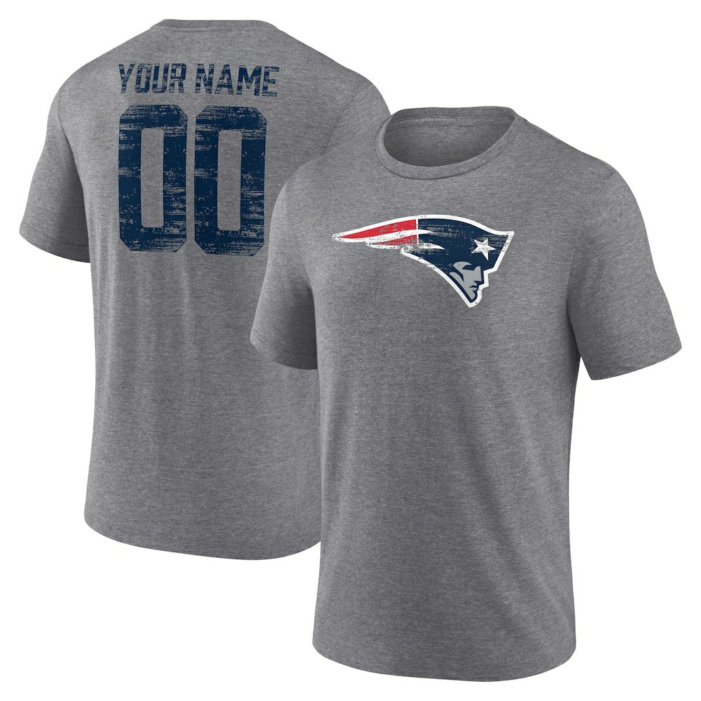 New England Patriots Heritage Custom Name & Number Tri-Blend T-Shirt - Gray T-shirts