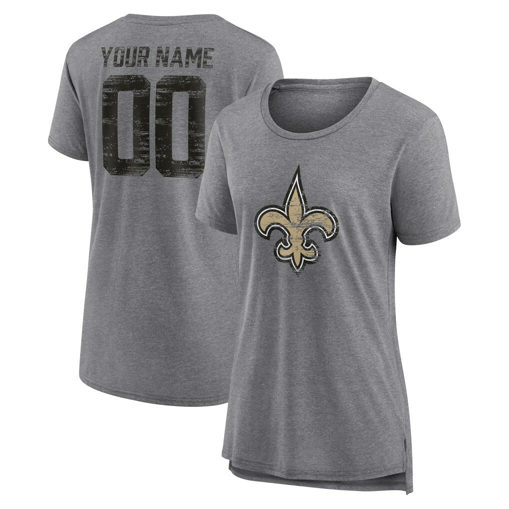 New Orleans Saints Women's Heritage Custom Name & Number Tri-Blend T-Shirt - Gray T-shirts