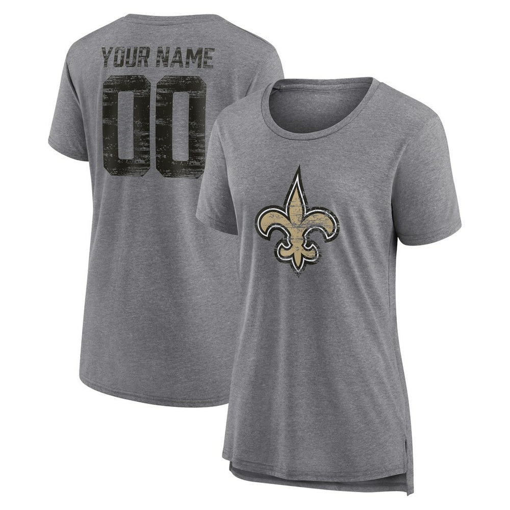 New Orleans Saints Women's Heritage Custom Name & Number Tri-Blend T-Shirt - Gray T-shirts