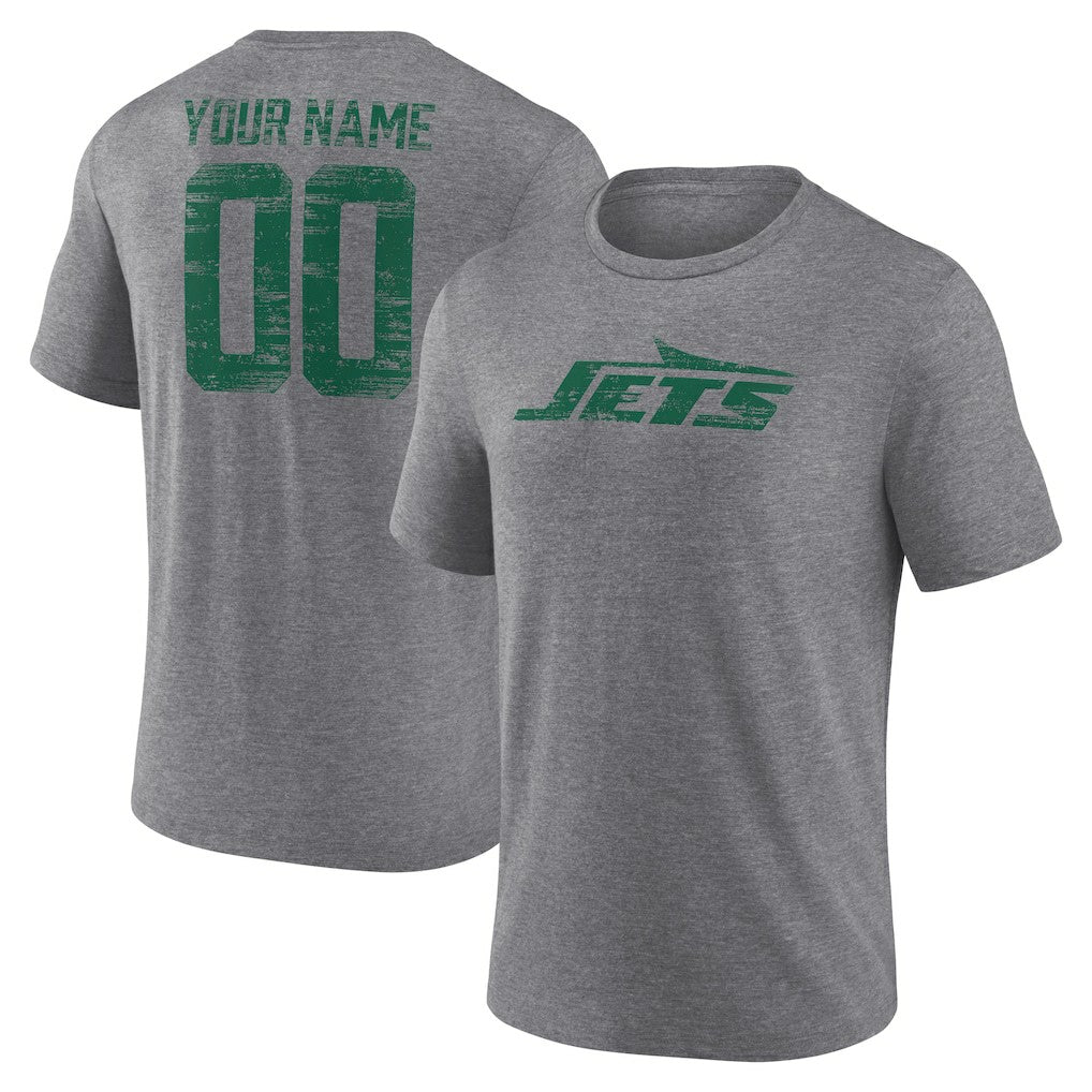 New York Jets Heritage Custom Name & Number Tri-Blend T-Shirt - Gray T-shirts