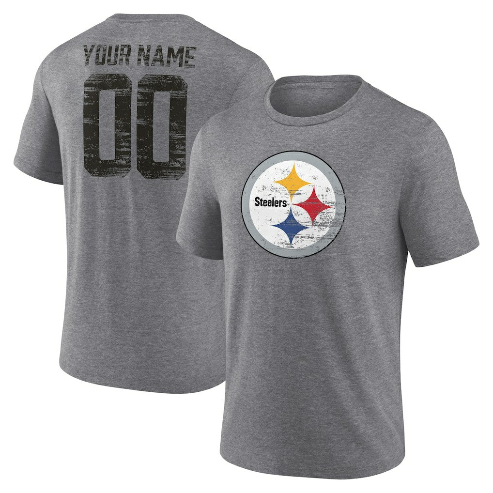 Pittsburgh Steelers Heritage Custom Name & Number Tri-Blend T-Shirt - Gray T-shirts