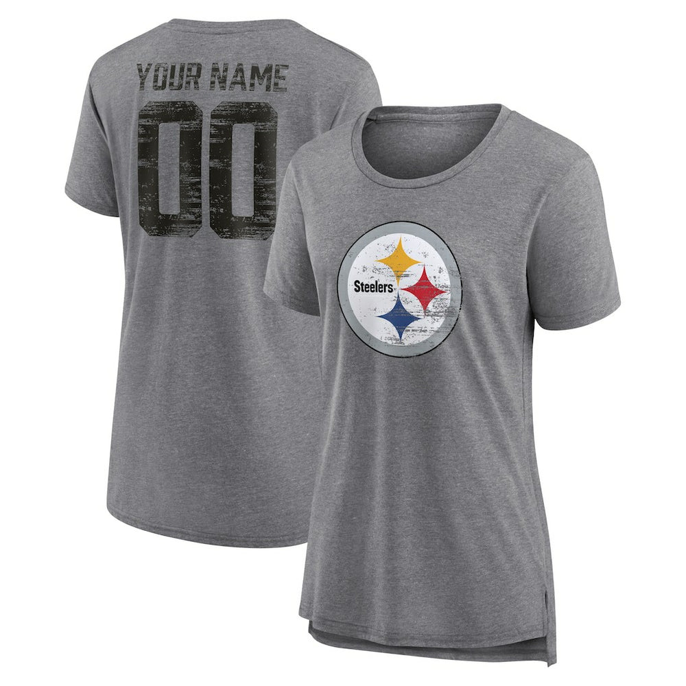 Pittsburgh Steelers Women's Heritage Custom Name & Number Tri-Blend T-Shirt - Gray T-shirts