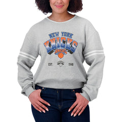 New York Knicks WEAR by Erin Andrews Women's Sleeve Stripe Fleece Crewneck Sweatshirt Gray