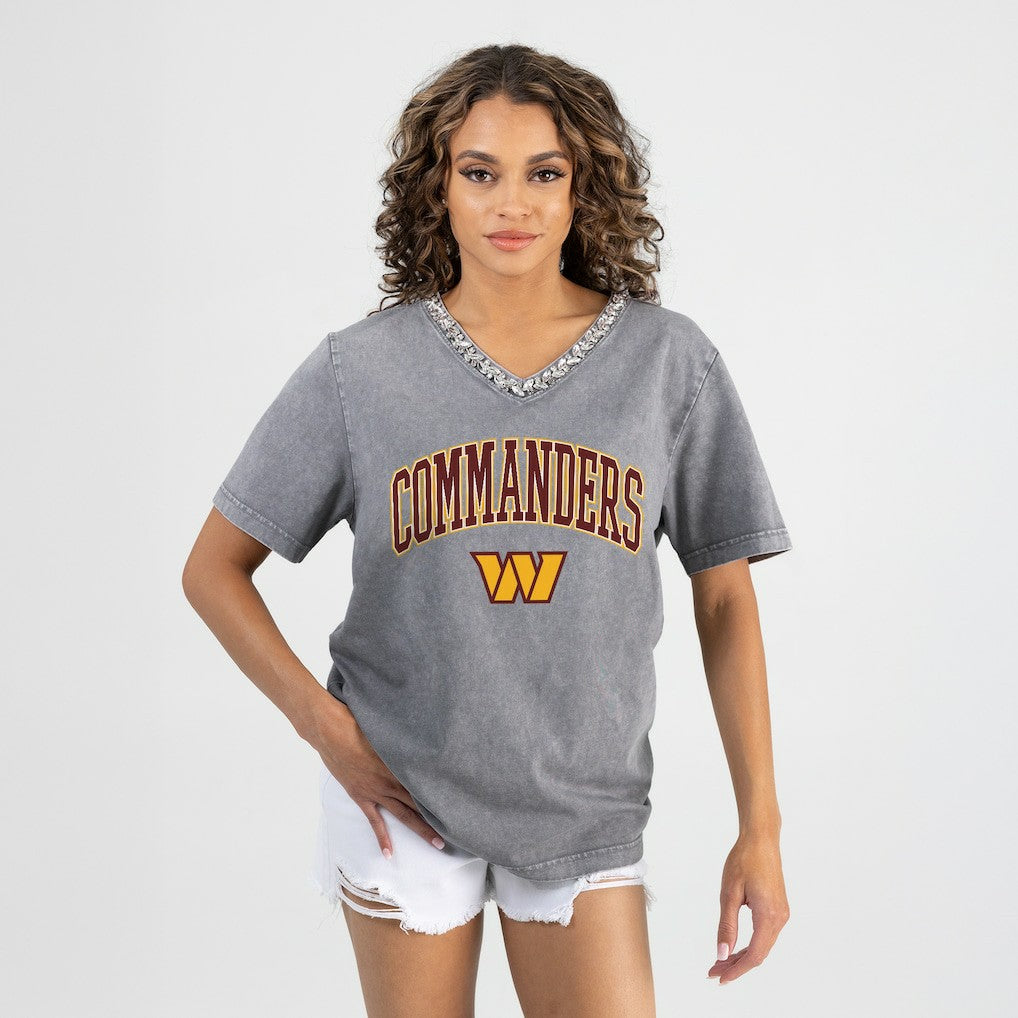 Washington Commanders Gameday Couture Women's Relaxed Iconic Edge Rhinestone V-Neck T-Shirt - Gray T-shirts