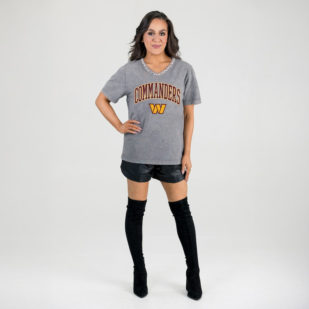 Washington Commanders Gameday Couture Women's Relaxed Iconic Edge Rhinestone V-Neck T-Shirt - Gray T-shirts