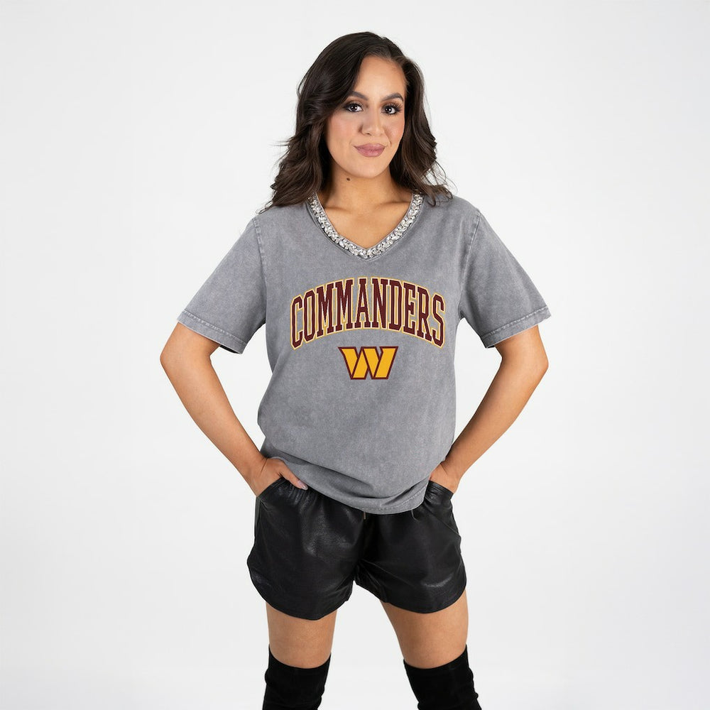 Washington Commanders Gameday Couture Women's Relaxed Iconic Edge Rhinestone V-Neck T-Shirt - Gray T-shirts