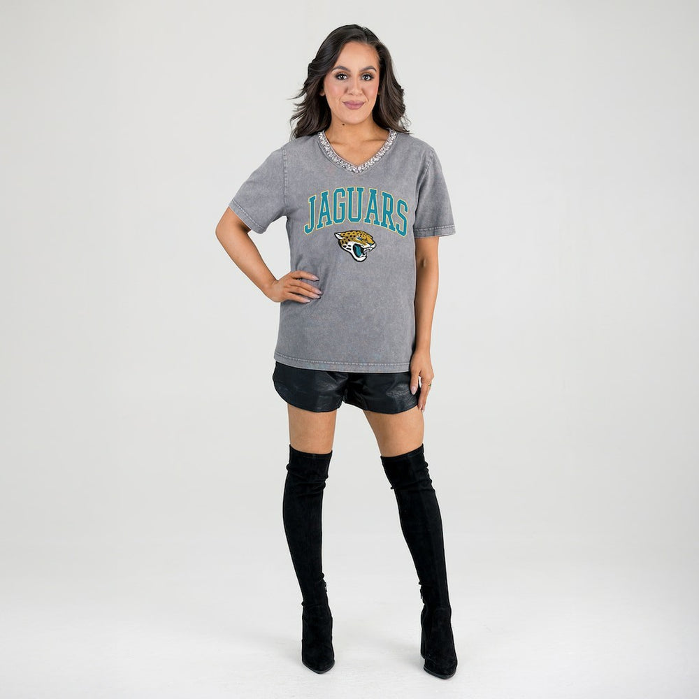 Jacksonville Jaguars Gameday Couture Women's Relaxed Iconic Edge Rhinestone V-Neck T-Shirt - Gray T-shirts