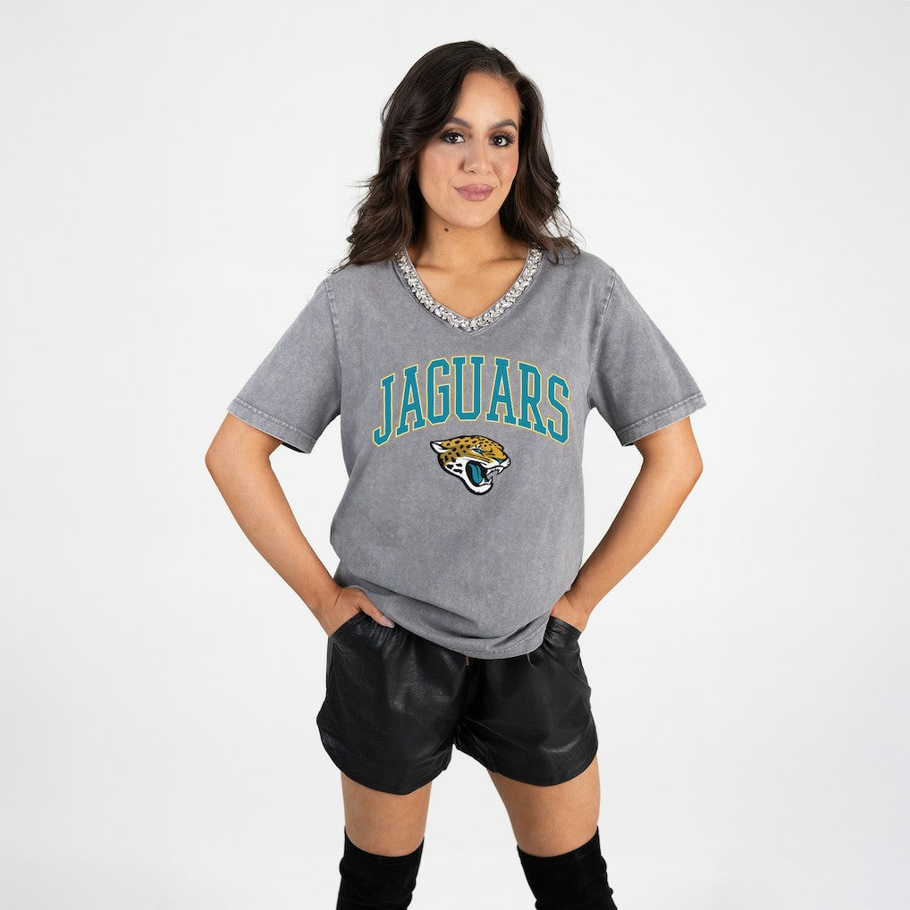 Jacksonville Jaguars Gameday Couture Women's Relaxed Iconic Edge Rhinestone V-Neck T-Shirt - Gray T-shirts