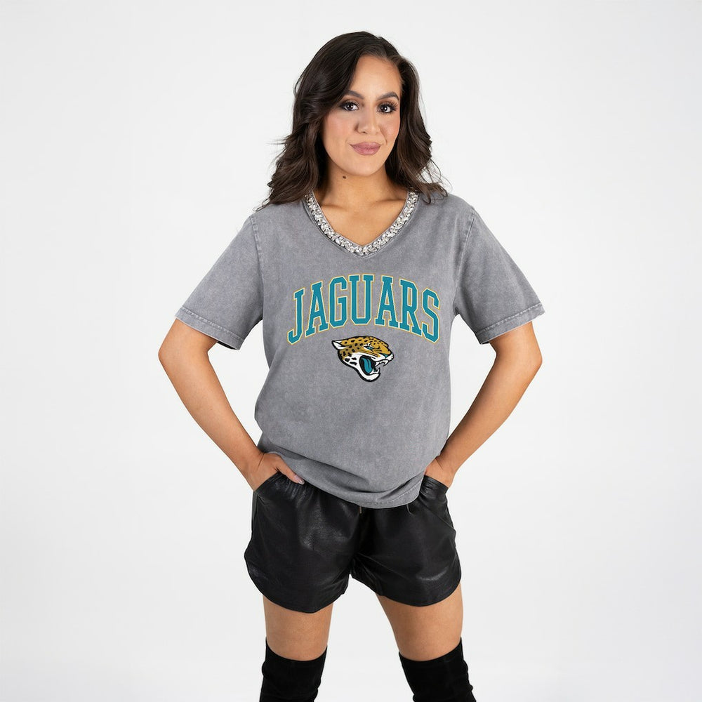 Jacksonville Jaguars Gameday Couture Women's Relaxed Iconic Edge Rhinestone V-Neck T-Shirt - Gray T-shirts