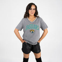 Jacksonville Jaguars Gameday Couture Women's Relaxed Iconic Edge Rhinestone V-Neck T-Shirt - Gray T-shirts