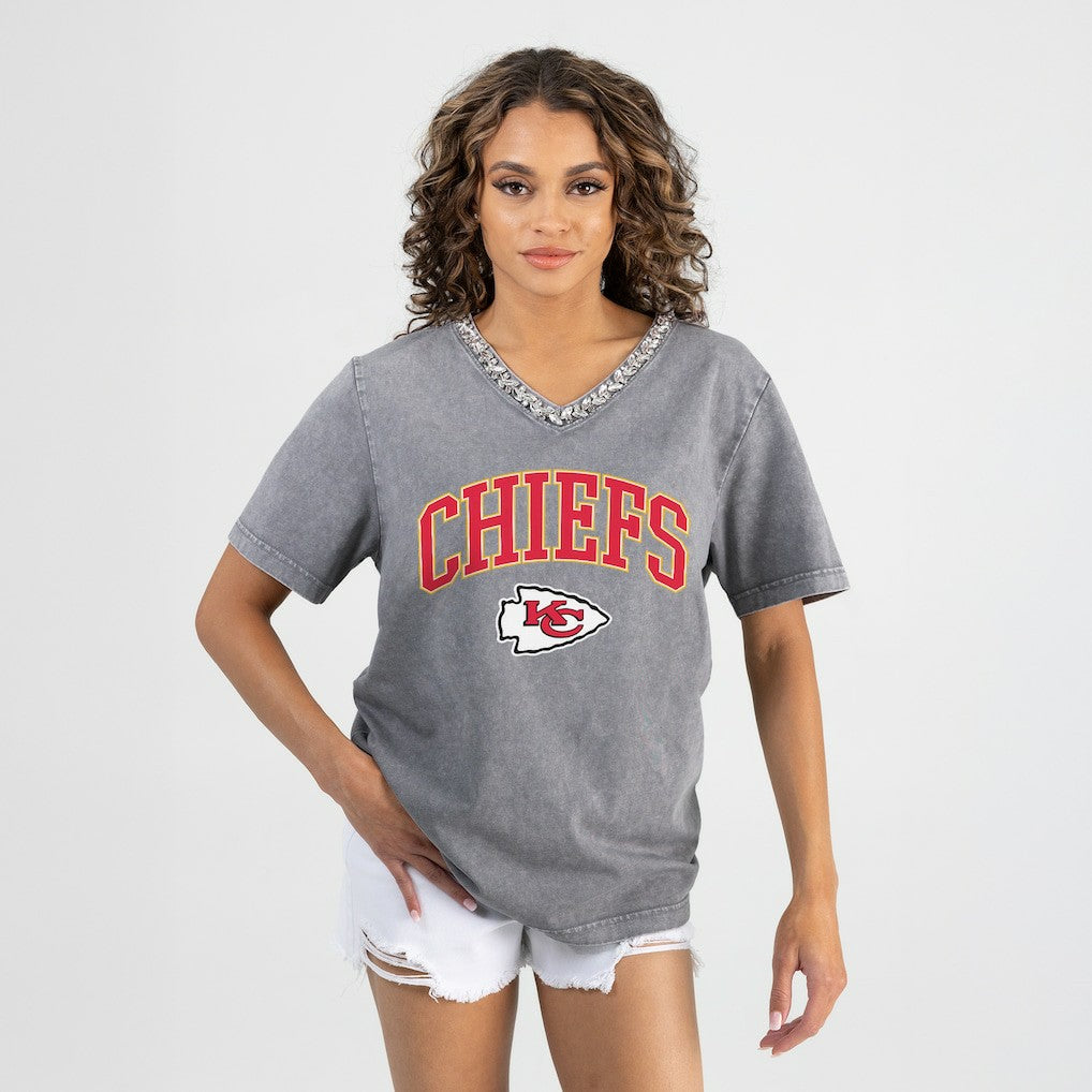 Kansas City Chiefs Gameday Couture Women's Relaxed Iconic Edge Rhinestone V-Neck T-Shirt - Gray T-shirts