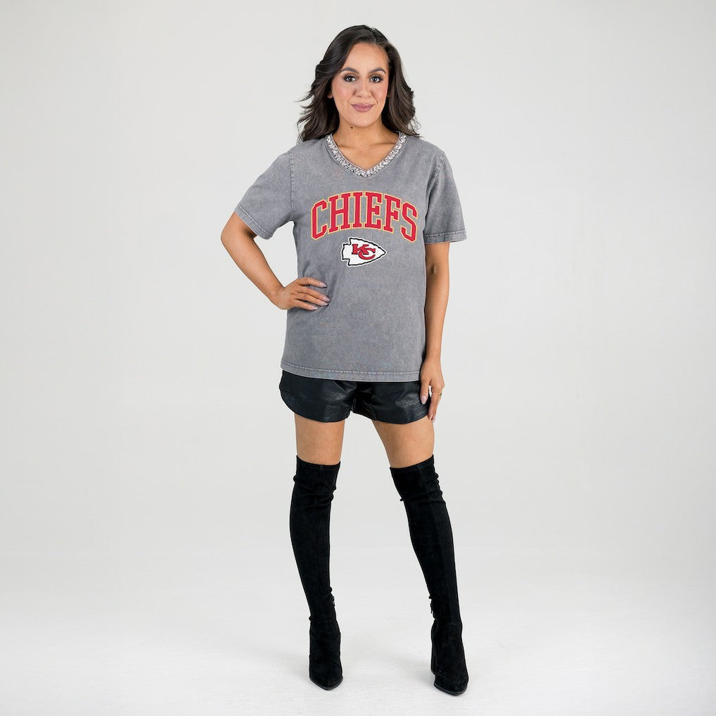 Kansas City Chiefs Gameday Couture Women's Relaxed Iconic Edge Rhinestone V-Neck T-Shirt - Gray T-shirts