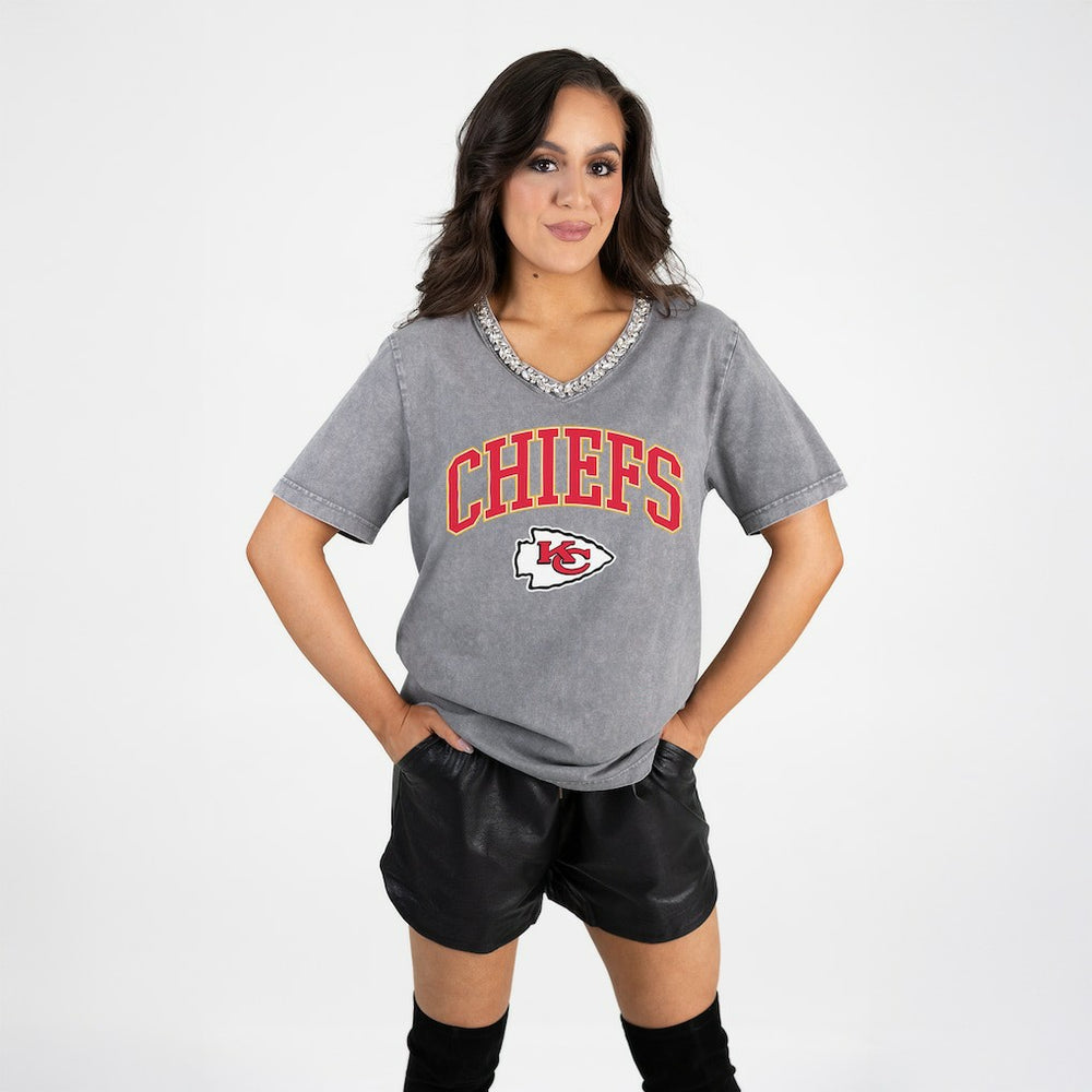 Kansas City Chiefs Gameday Couture Women's Relaxed Iconic Edge Rhinestone V-Neck T-Shirt - Gray T-shirts