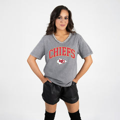 Kansas City Chiefs Gameday Couture Women's Relaxed Iconic Edge Rhinestone V-Neck T-Shirt - Gray T-shirts
