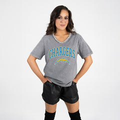 Los Angeles Chargers Gameday Couture Women's Relaxed Iconic Edge Rhinestone V-Neck T-Shirt - Gray T-shirts