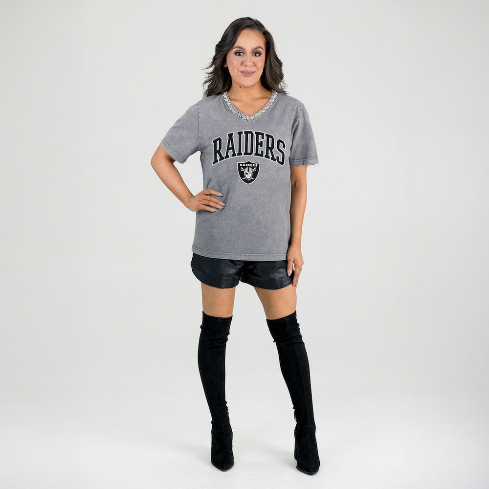 Las Vegas Raiders Gameday Couture Women's Relaxed Iconic Edge Rhinestone V-Neck T-Shirt - Gray T-shirts