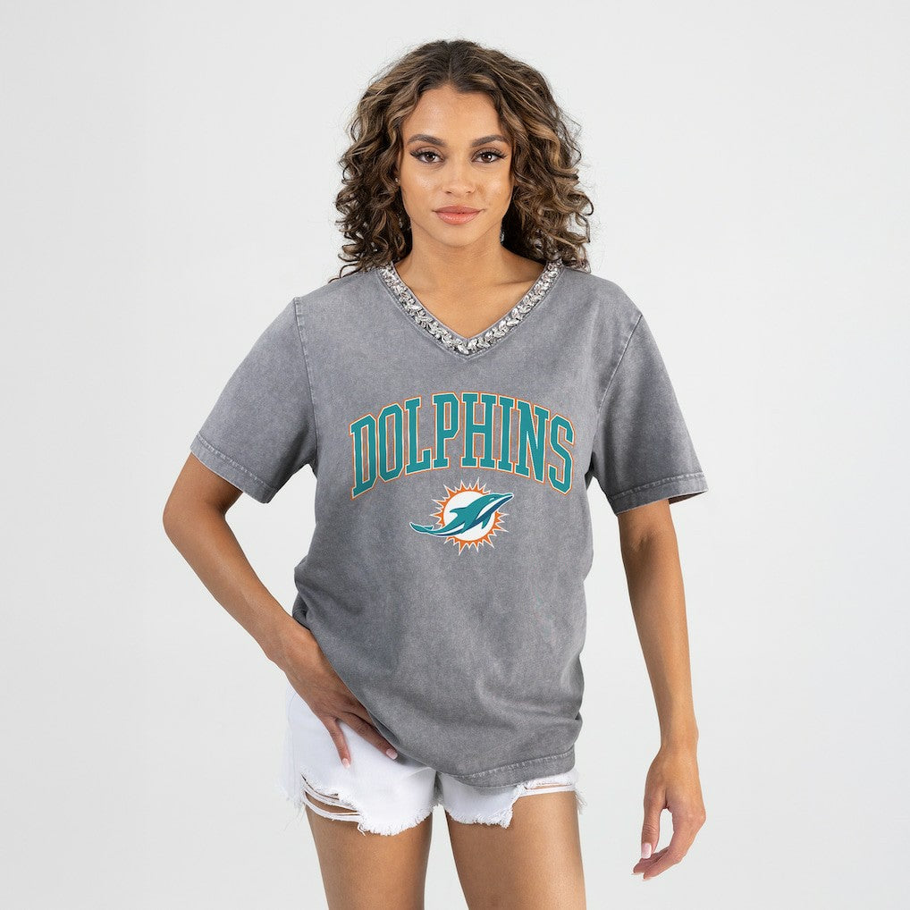 Miami Dolphins Gameday Couture Women's Relaxed Iconic Edge Rhinestone V-Neck T-Shirt - Gray T-shirts