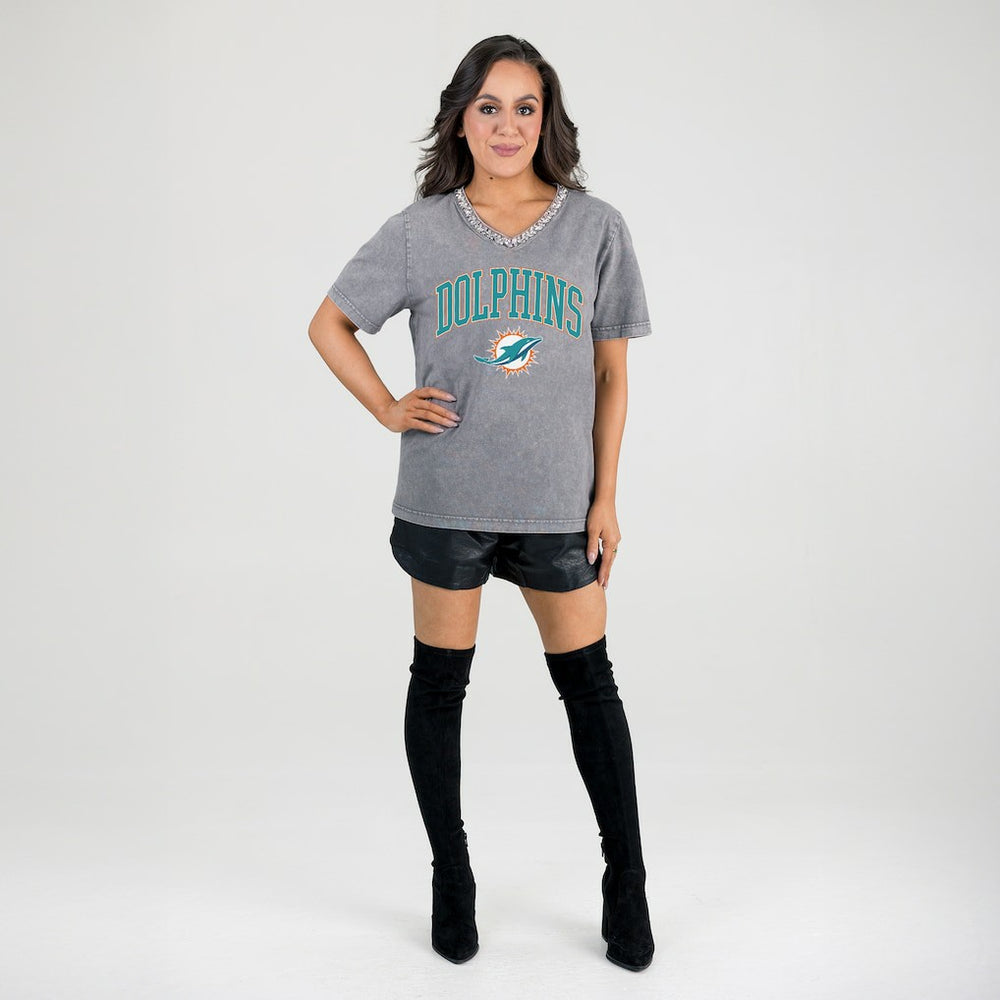 Miami Dolphins Gameday Couture Women's Relaxed Iconic Edge Rhinestone V-Neck T-Shirt - Gray T-shirts