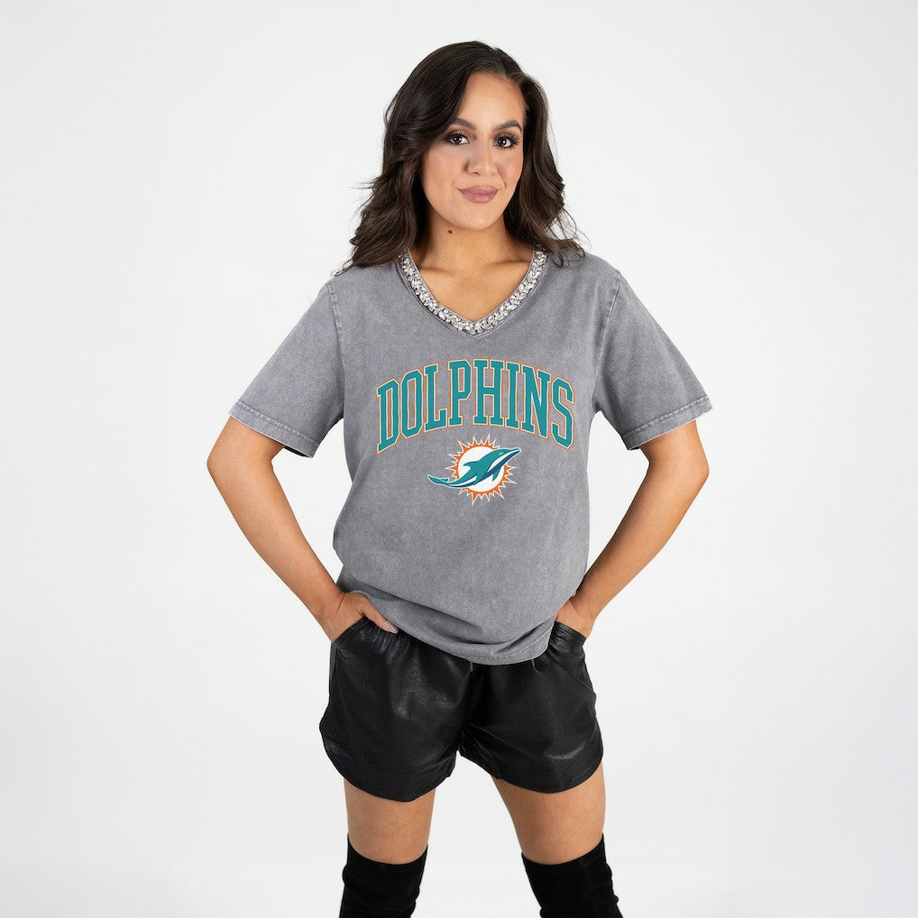 Miami Dolphins Gameday Couture Women's Relaxed Iconic Edge Rhinestone V-Neck T-Shirt - Gray T-shirts