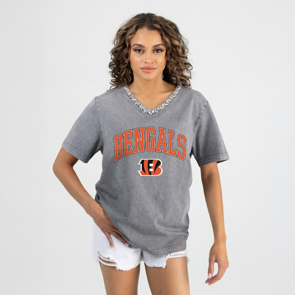Cincinnati Bengals Gameday Couture Women's Relaxed Iconic Edge Rhinestone V-Neck T-Shirt - Gray T-shirts