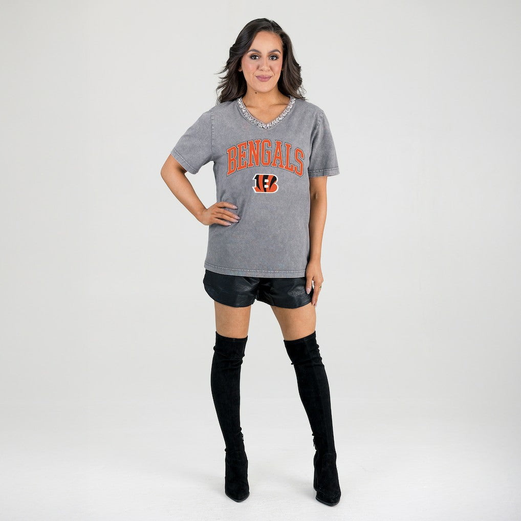 Cincinnati Bengals Gameday Couture Women's Relaxed Iconic Edge Rhinestone V-Neck T-Shirt - Gray T-shirts