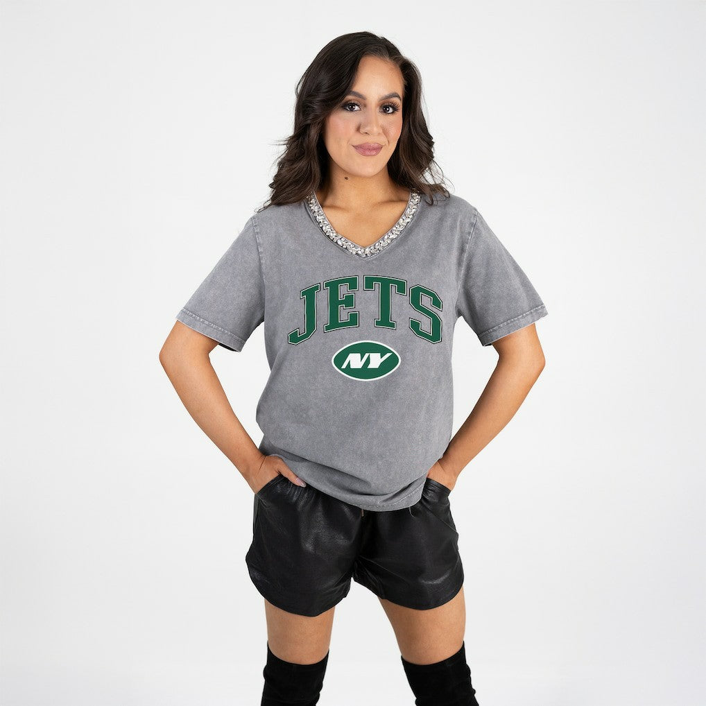 New York Jets Gameday Couture Women's Relaxed Iconic Edge Rhinestone V-Neck T-Shirt - Gray T-shirts