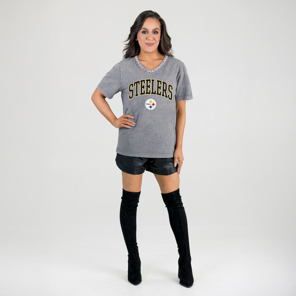 Pittsburgh Steelers Gameday Couture Women's Relaxed Iconic Edge Rhinestone V-Neck T-Shirt - Gray T-shirts