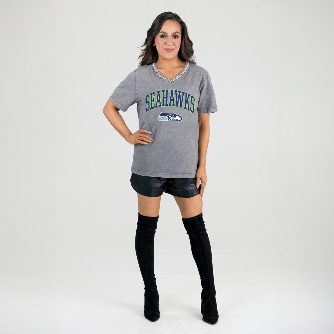 Seattle Seahawks Gameday Couture Women's Relaxed Iconic Edge Rhinestone V-Neck T-Shirt - Gray T-shirts