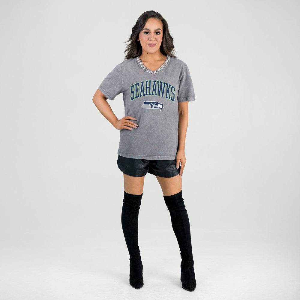 Seattle Seahawks Gameday Couture Women's Relaxed Iconic Edge Rhinestone V-Neck T-Shirt - Gray T-shirts