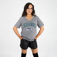 Seattle Seahawks Gameday Couture Women's Relaxed Iconic Edge Rhinestone V-Neck T-Shirt - Gray T-shirts