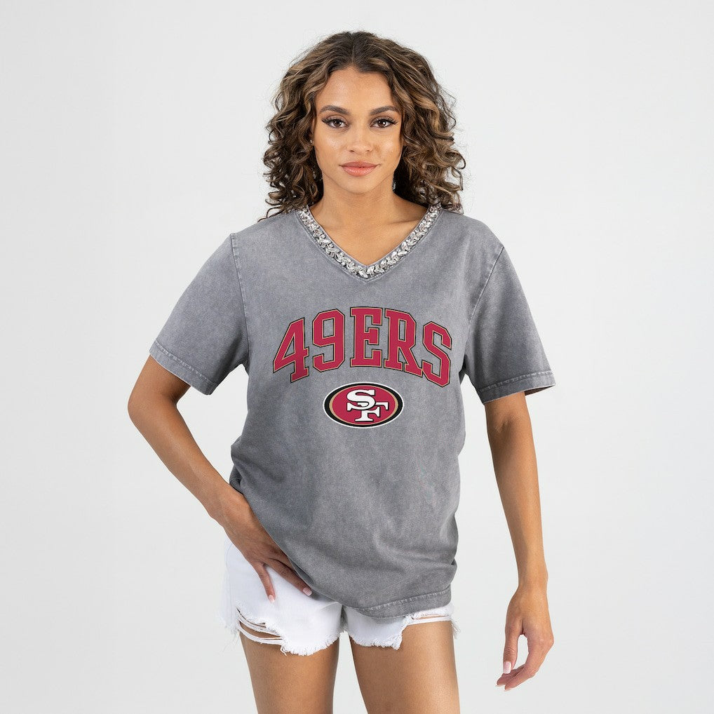 San Francisco 49ers Gameday Couture Women's Relaxed Iconic Edge Rhinestone V-Neck T-Shirt - Gray T-shirts
