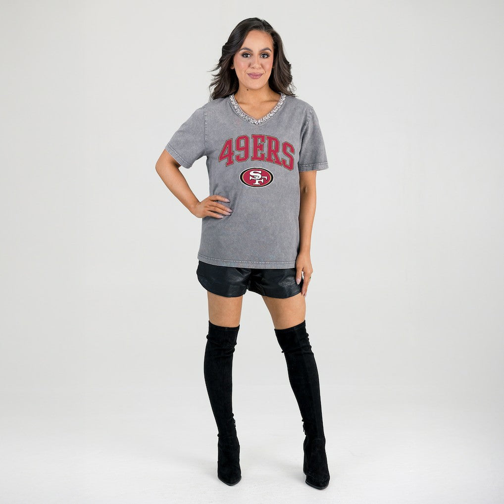 San Francisco 49ers Gameday Couture Women's Relaxed Iconic Edge Rhinestone V-Neck T-Shirt - Gray T-shirts