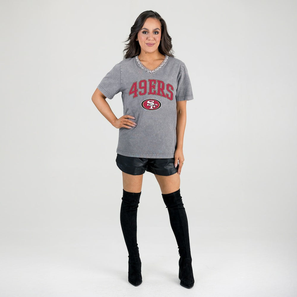 San Francisco 49ers Gameday Couture Women's Relaxed Iconic Edge Rhinestone V-Neck T-Shirt - Gray T-shirts