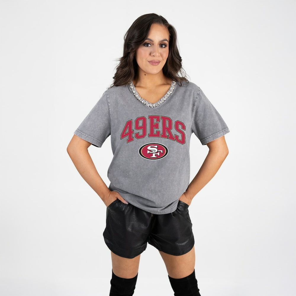 San Francisco 49ers Gameday Couture Women's Relaxed Iconic Edge Rhinestone V-Neck T-Shirt - Gray T-shirts