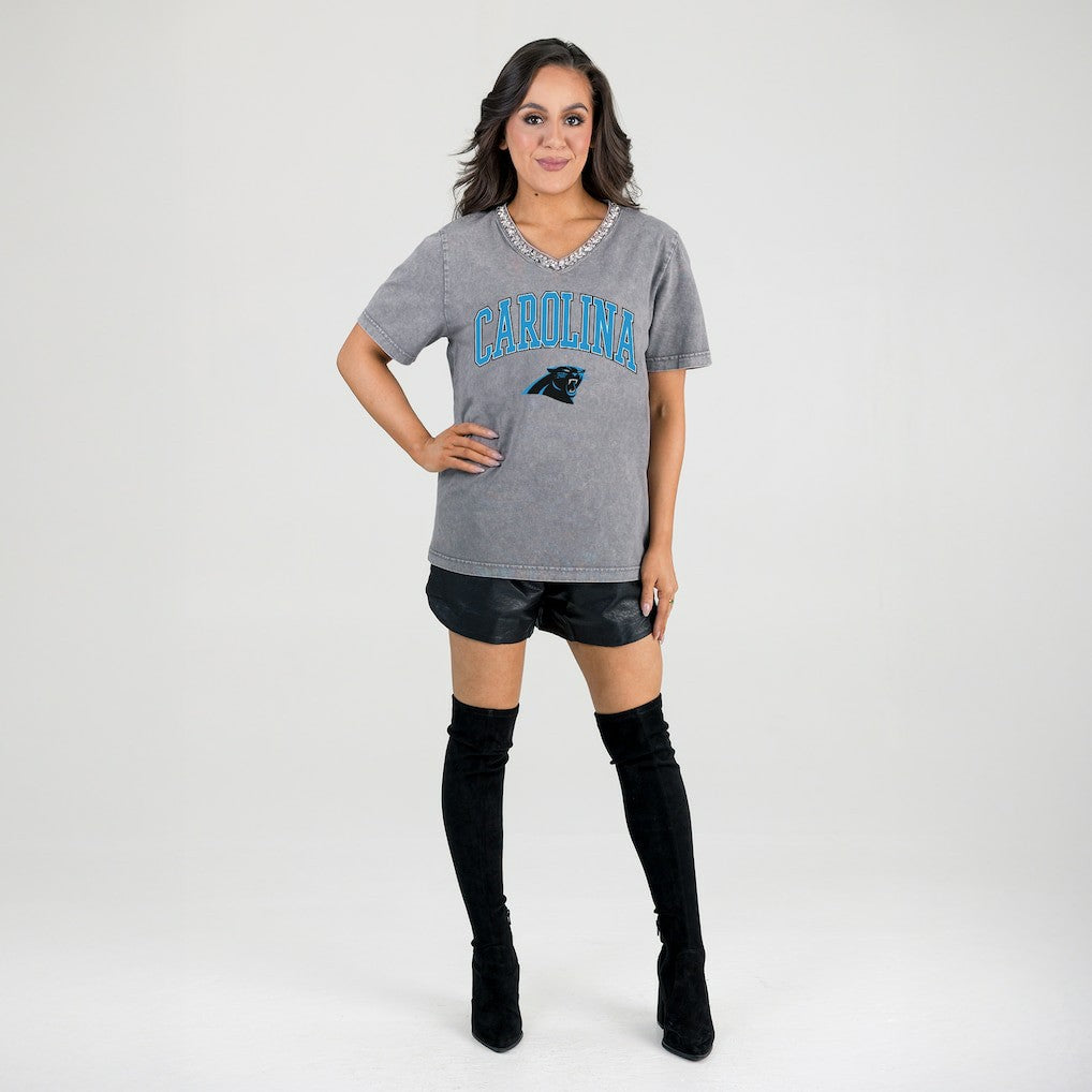 Carolina Panthers Gameday Couture Women's Relaxed Iconic Edge Rhinestone V-Neck T-Shirt - Gray T-shirts